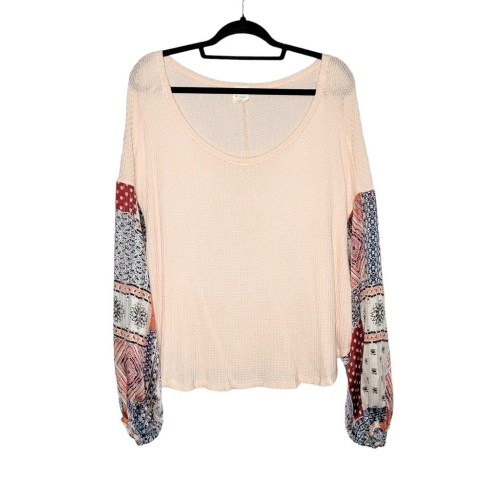 By Together Lost Gypsy Waffle Knit Thermal Boho Sleeve Top Blush Pink Size M